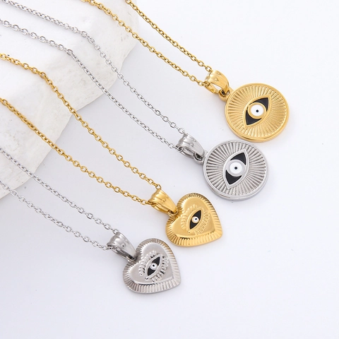 Collier Pendentif Œil Maléfique Cœur Rond Plaqué Or 18K Acier Inoxydable Bijoux Style Bohème Rétro Pour Femmes