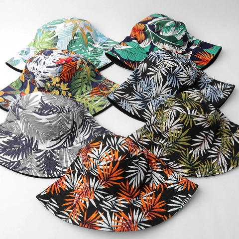 Cappello Pescatore Reversibile Cotone Lino Stampa Foglie Tropicali Protezione Solare Tesa Larga All Aperto Spiaggia Per Donne