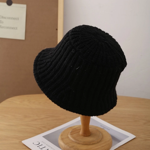 Women Knitted Bucket Hat Acrylic Yarn Ribbed Texture Autumn Winter Warm Windproof Solid Color Fisherman Basin Cap