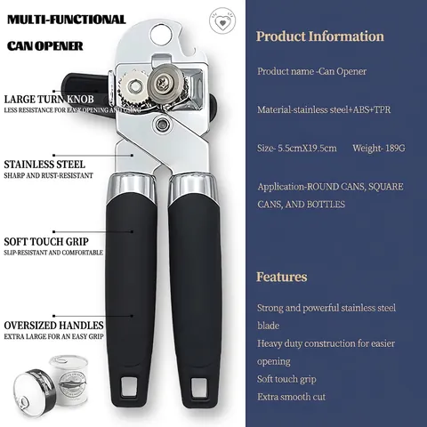 Manual Can Opener Stainless Steel Professional Multifunctional Handheld Jar Opener With Ergonomic Non-Slip Handle For Kitchen