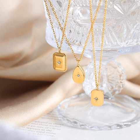 Collana Con Pendente Stella In Acciaio Inossidabile Per Donna Retro Geometrico Zirconia Placcato Oro 18K Gioielli Eleganti