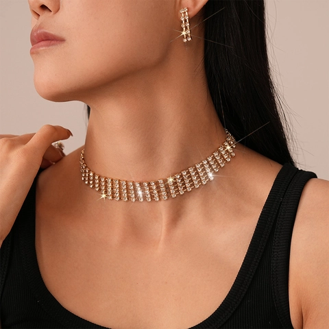 Luxury Rhinestone Jewelry Set For Women Copper Rectangular Tassel Necklace And Earrings Evening Party Sparkling Elegant Geometric Clavicle Chain