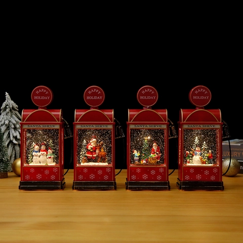 Christmas Snow Globe Water Lamp Vintage Gas Station LED Light Rotating Snow Music Box Tabletop Holiday Decor Gift
