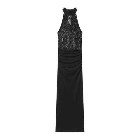 Lace Splicing Maxi Dress Halter Neck Ruched Sleeveless Elegant Formal Party Outfit For Women