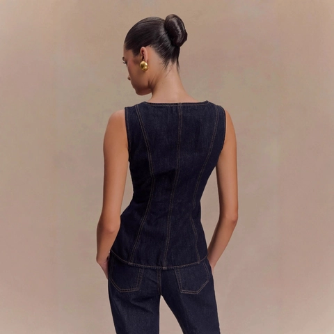 Women Denim Outfit Dark Blue Sleeveless Square Neck Vest Top And Straight Leg Pants With Gold Buttons Peplum Hem Chic