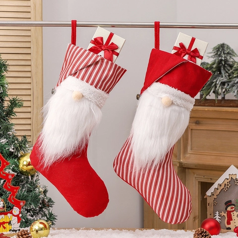 Calza Di Natale Gnomo Peluche Tessuto Design Senza Volto Rigato Con Campanello Sacchetto Regalo Festivo Addobbo Da Appendere