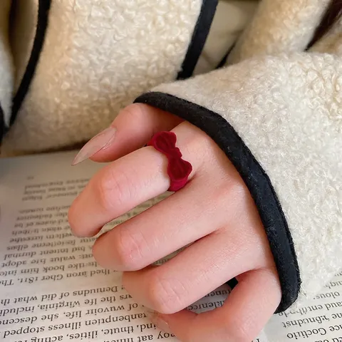 Red Flocked Bowknot Open Ring Retro Adjustable Alloy Velvet Texture Finger Jewelry For Women Niche Sweet