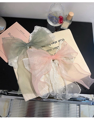 Fermaglio Per Capelli Con Fiocco Grande Rete Pizzo Ricamo Floreale Organza Clip A Molla Stile Fata Dolce Per Donna