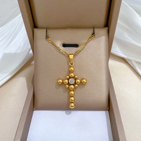 Collier Pendentif Croix En Acier Inoxydable Plaqué Or Minimaliste Avec Détail En Cristal Strass Chaîne À Boules Femmes
