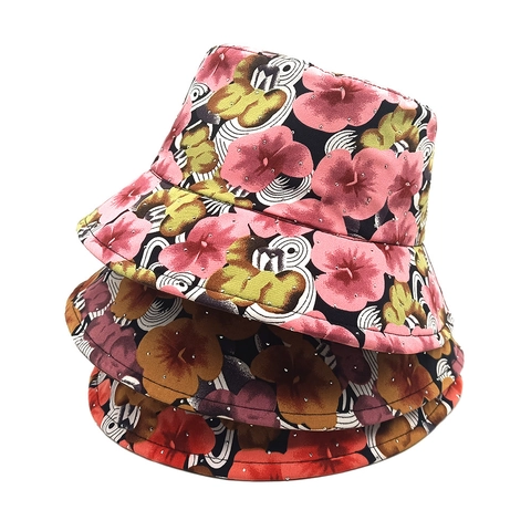 Chapeau Bob Polyester Impression Florale Numérique Strass Protection Solaire Vintage Rétro Femme