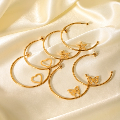 Edelstahl Creolen Für Frauen 18K Vergoldet Hohl Schmetterling Herz Stern Anhänger Minimalistischer Schmuck