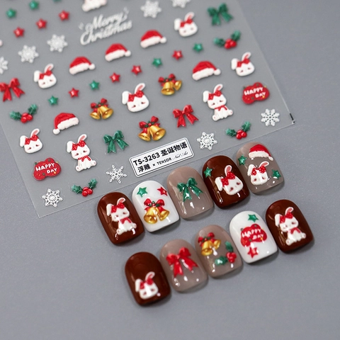Christmas Nail Art Stickers 3D 5D Embossed Cartoon Rabbit Santa Hat Snowflake Self Adhesive Decals For Winter Manicure