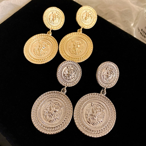 Vintage Lion Head Relief Drop Earrings Retro Double Round Disk Alloy With Silver Earring Post For Women Baroque Jewelry