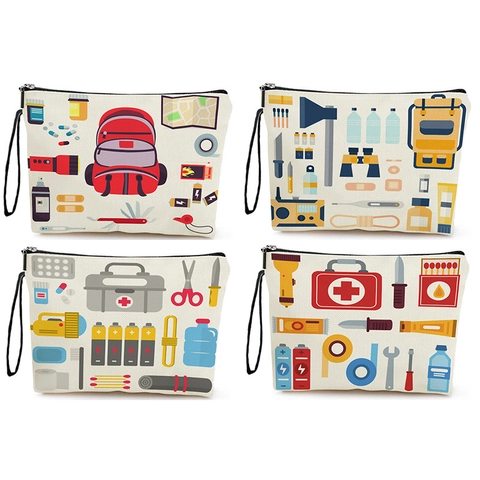 Linen Cosmetic Bag Outdoor Survival Print Zippered Travel Toiletry Pouch Multifunctional Organizer Portable