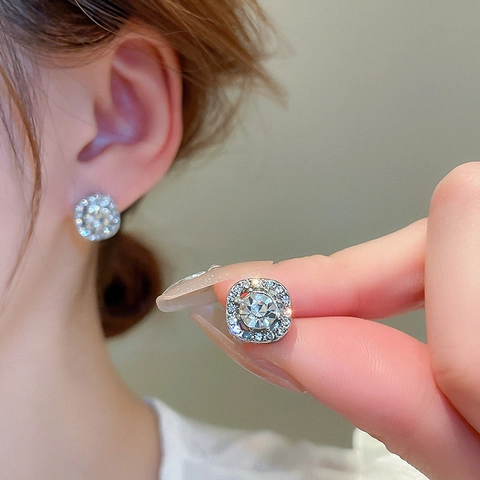 Alloy Rhinestone Square Stud Earrings With Silver Earring Post Geometric Halo Light Luxury Style For Women Elegant