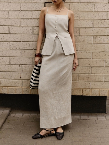 Dames Linnenmix Spaghetti Strap Vest Met Knopen En Midi Rok Met Achtersplit Zomer Casual Elegant Minimalistisch Beige