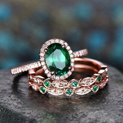 Luxury Emerald Green Stone Rings Copper Cubic Zirconia Oval Geometric Vintage Style For Women