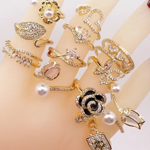 Elegante Offene Ringe Für Damen 18K Vergoldetes Kupfer Zirkon Kunstperle Blumen Schmetterling Herz Krone Verstellbarer Schmuck