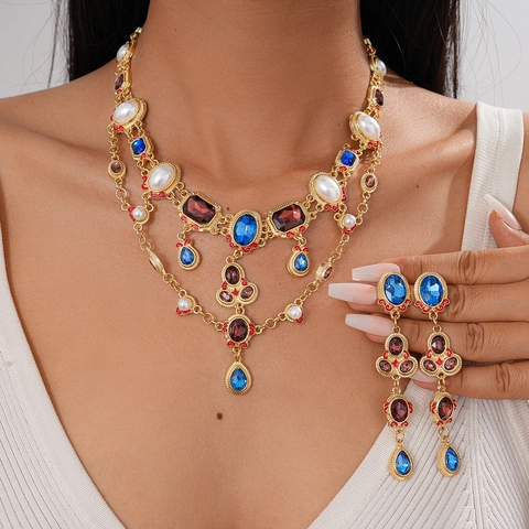 Collana E Orecchini Stile Corte Retrò Lega Strass Pendente Goccia D'acqua Imitazione Perla Artificial Perno Argento Donna