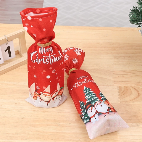 Funda Para Botella De Vino De Navidad Bolsa De Regalo De Tela Roja Estampado Feliz Navidad Decoración De Mesa