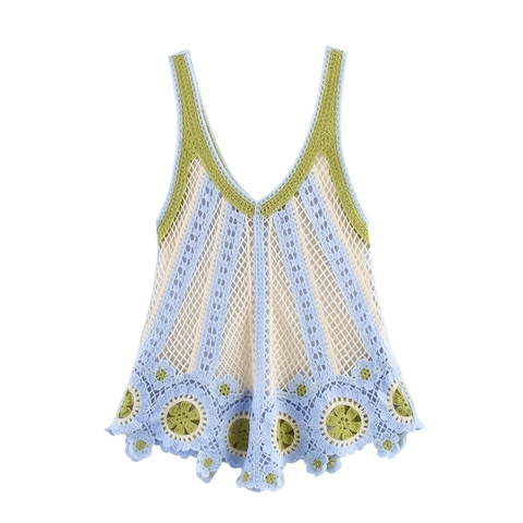 Top A Canotta In Uncinetto Da Donna Maglia Traforata Scollo A V Orlo Floreale Bohemien Senza Maniche Gilet