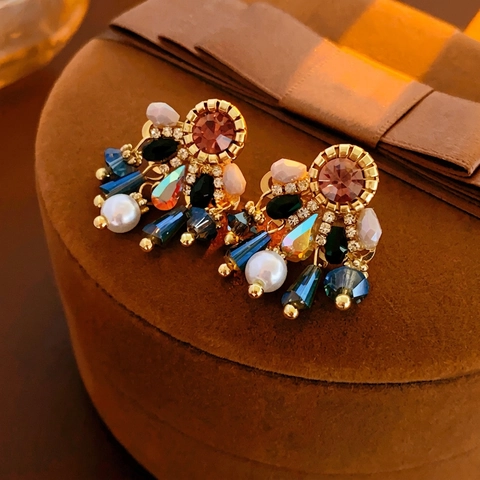 Retro Palace Style Tassel Drop Earrings Alloy Rhinestone Crystal Faux Artificial Pearl With Silver Earring Post For Women