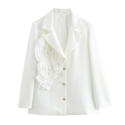 Witte Dames Blazer Met 3D Bloem Decoratie Slim Fit Revers Single Breasted Polyester Elegant Kantoor Werkkleding