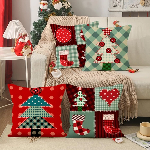 Funda De Cojín Árbol De Navidad Lino Poliéster Estampado Rayas Lunares Patchwork Decoración Sofá Hogar Festivo