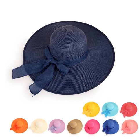 Women Wide Brim Straw Sun Hat Paper Braided Summer Beach Travel Cap With Large Bow Ribbon Decoration Elegant Solid Color
