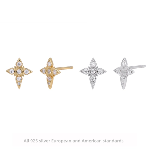 925 Sterling Silver Four Pointed Star Stud Earrings Zirconia Inlaid Gold Silver Plated Star Ear Studs For Women Fashion Jewelry