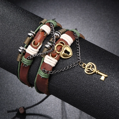 Bracelet de Couple en Cuir Tressé Vintage Pendentif Serrure Coeur Et Clé Bijoux Tissés Multicouches Cadeau