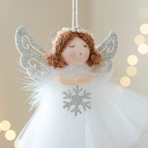 Colgante Ángel De Navidad Niña Falda De Tul Plumas Alas Brillantes Adorno Árbol Muñeca Peluche Decoración
