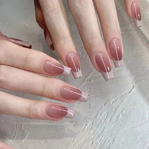 Press On Nails French Gradient Purple Red Brown Long Coffin Shape Glossy Artificial Fingernails For Women Elegant Manicure