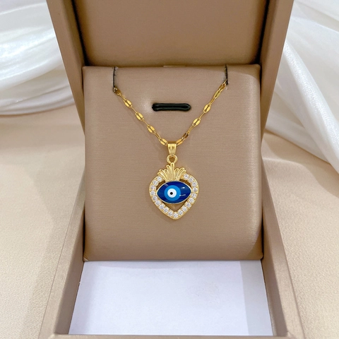 Evil Eye Heart Pendant Necklace Stainless Steel Gold Plated Chain Copper Cubic Zirconia Elegant Jewelry Accessories For Women
