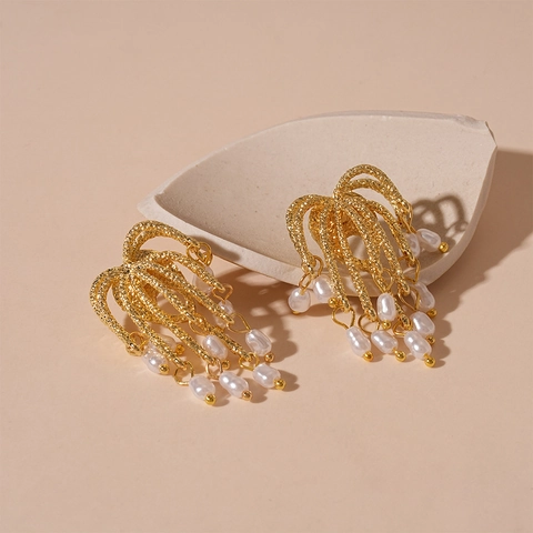 Firework Tassel Drop Earrings With 925 Sterling Silver Earring Post And Imitation Artificial Pearl Vintage Gold Jewelry For Women