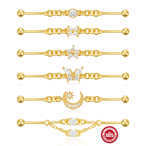 925 Argento Sterling Piercing Industriale Bilanciere Orecchino Zirconia Catena Farfalla Luna Stella Corpo Gioielli