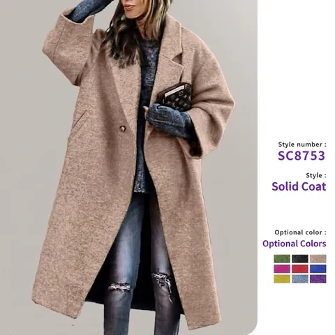Women Long Woolen Coat Autumn Winter Elegant Lapel Double Breasted Overcoat Loose Fit Solid Color Casual Outerwear
