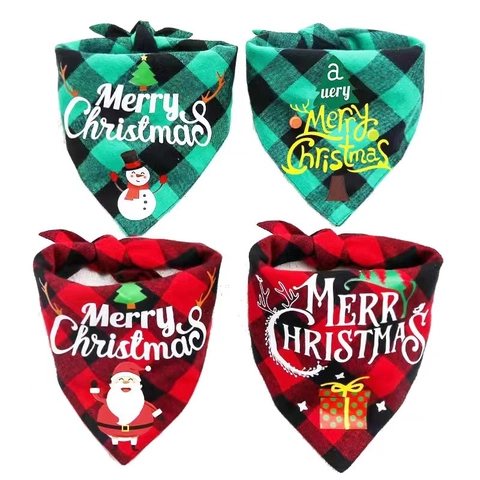 Christmas Pet Bandana Polyester Plaid Buffalo Check Triangle Scarf For Dogs Cats Merry Christmas Print Holiday Accessory