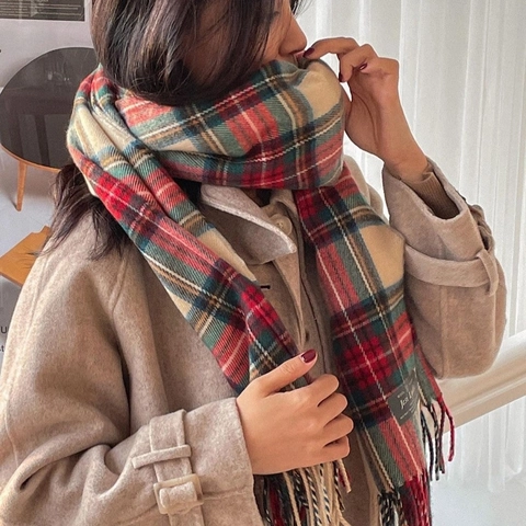 Sciarpa A Quadri Di Natale In Finto Cachemire Morbida Calda Invernale Lunga Con Frange Retro Per Donna