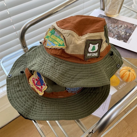 American Vintage Color Block Canvas Bucket Hat Embroidery Patch Outdoor Hiking Fishing Sun Hat With Windproof Rope