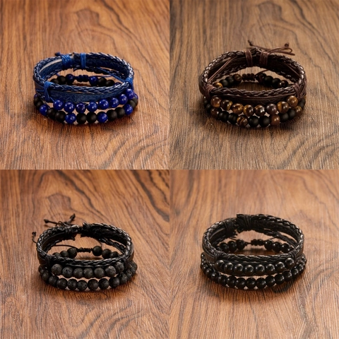 Men Multilayer Bracelet Set Braided Leather Natural Tiger Eye Stone Lava Rock Matte Agate Beads Adjustable Cross Jewelry
