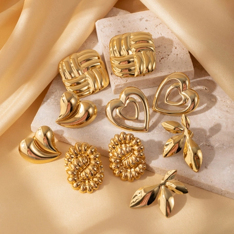 Orecchini A Lobo In Acciaio Inossidabile Oro Vintage Cuore Foglia Trama Intrecciata Geometrica Gioielli Da Donna Chic Francese