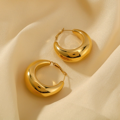 Stainless Steel Hoop Earrings 18K Gold Plated Chunky Hollow C Shaped Minimalist Geometric Polished Jewelry For Women