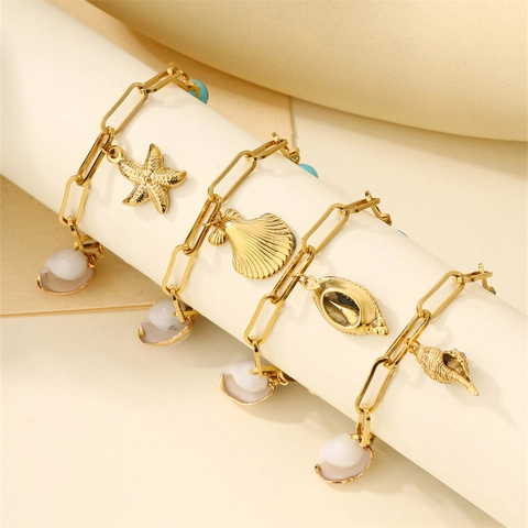 Women Stainless Steel Shell Starfish Conch Pendant Bracelet Gold Paperclip Chain Marine Seaside Vacation Beach Jewelry
