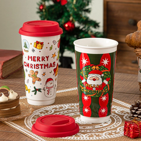 Weihnachten Keramik Reisebecher Mit Silikondeckel Weihnachtsmann Schneemann Muster Wiederverwendbare Kaffee Tasse Geschenk