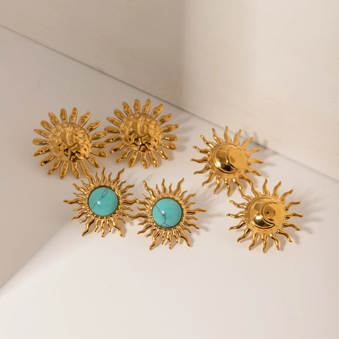 Sun Sunflower Stud Earrings 18K Gold Plated Stainless Steel With Turquoise Bohemian Vintage Style Jewelry For Women