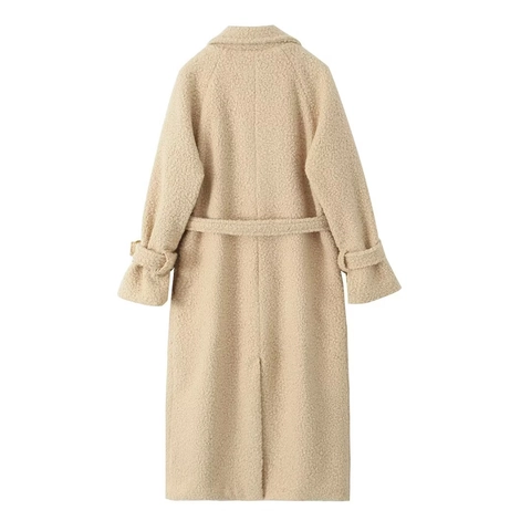 Women Long Grain Fleece Overcoat Lapel Teddy Woolen Coat With Waist Belt Elegant Casual Solid Color Winter