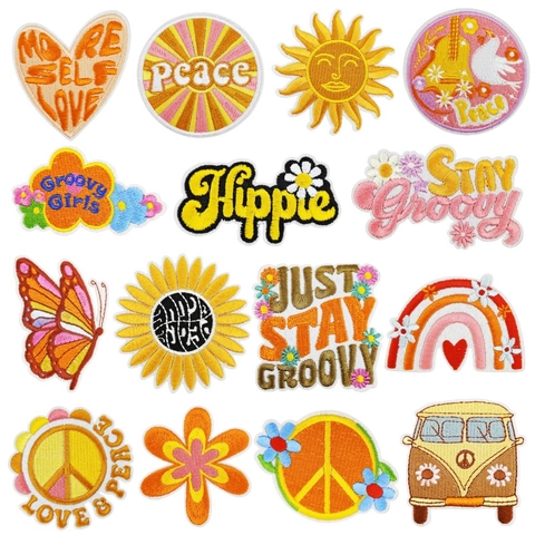 Toppe Ricamate Hippie Da Stirare Retro Girasole Arcobaleno Segno Della Pace Da Cucire Applique Decorative Per Vestiti Borse