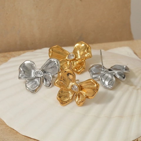 Bowtie Flower Stud Earrings Stainless Steel Pear Zircon Brushed Metal Waterproof Hypoallergenic Jewelry For Women