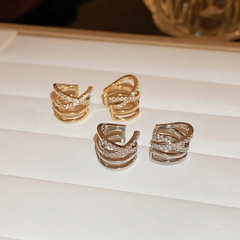 Ear Cuff Incrociato Multistrato Donna Senza Buco Orecchini Rame Zirconi Gioielli Eleganti Forma X
